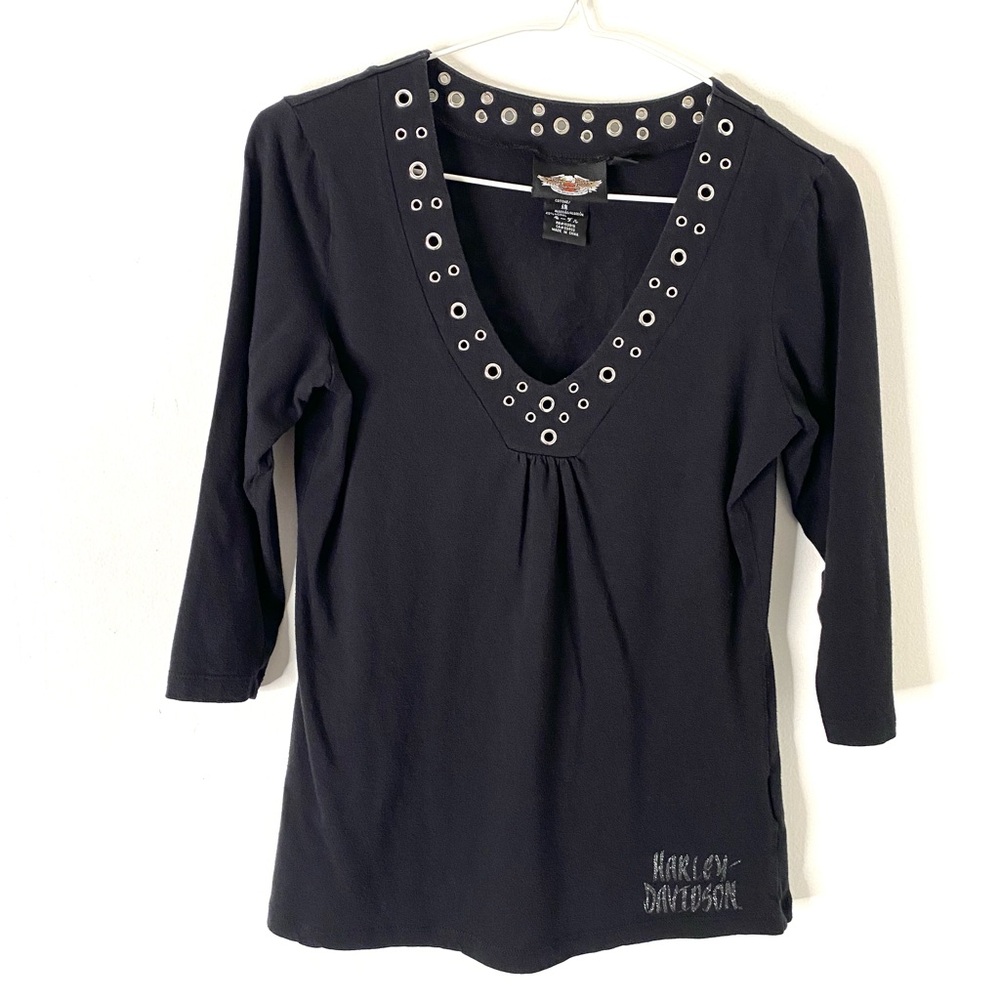 Harley-Davidson Black Silver Eyelet V-Neck Crop Sleeve Top